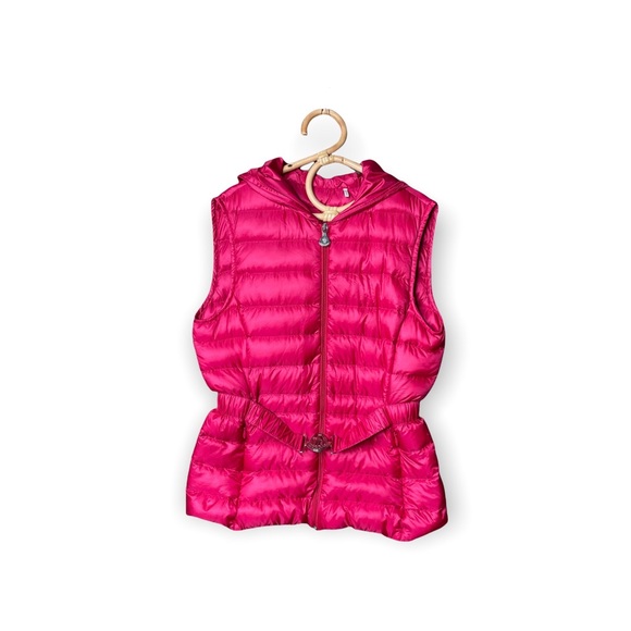 Moncler Other - Moncler hooded puffer vest girls size 7-8 fuchsia hot pink silver logo belt